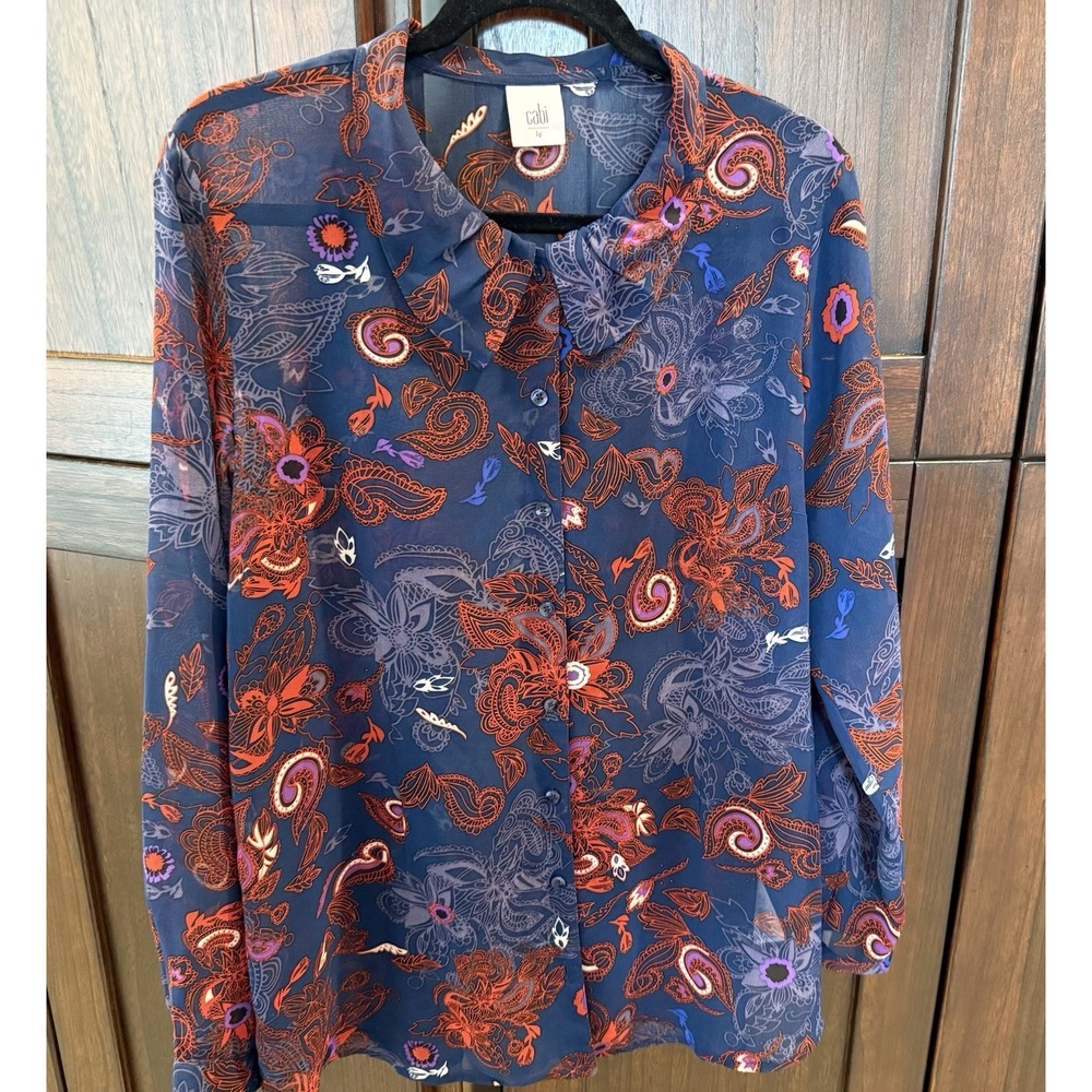 Women's Cabi Sheer Long Sleeve‎ Paisley Navy Button Blouse Large